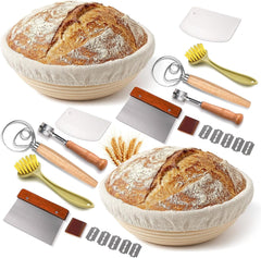 7-Piece 9 Inch Round Proofing Basket, Complete Sourdough Starter Kit with Linen Liner & Tools, Sourdough Bread Baking Supplies & Making Accessories Gift Set - Send Goods from Local Warehouse