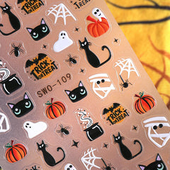 Halloween Nail Art Stickers Decals 3D Cute Ghost Black Cat Halloween Nail Stickers 4PCS Pumpkin Spider Web Skeleton Flower 3D Embossed Nail Decals Manicure Sliders for Women Nail Art Decorations