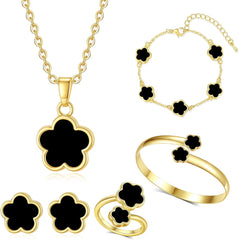 Clover Jewelry Set for Women Non Tarnish Gold-Tone Five Leaf Clover Necklace, Earrings, Ring, Bracelet Fashion Simple Floral Jewelry Set