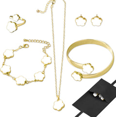 Lucky Flower Alloy Jewelry, Lucky Flower Design Necklace Earrings Bracelet Bangle Ring Jewelry Set, Clover Gold Plated Chain Wrap Ornament & Plush Pouch for Women