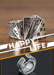 GAUEIOUR Poker Card Ring, Premium Alloy Playing Card Open Adjustable Design, Hip Hop Punk Gothic Style, Vintage Thread, Lucky Flush Set With Red Diamonds, Unisex