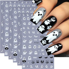 Halloween Nail Art Stickers Decals 3D Cute Ghost Black Cat Halloween Nail Stickers 4PCS Pumpkin Spider Web Skeleton Flower 3D Embossed Nail Decals Manicure Sliders for Women Nail Art Decorations