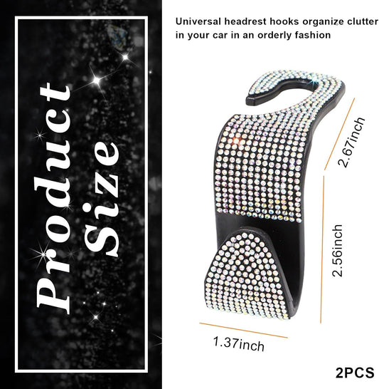 Ziciner 2PCS Bling Car Seat Headrest Hook, Crystal Rhinestone Backseat Hanger Storage Organizer, Auto Seat Holder Hooks for Hanger, Universal Car Accessories for Handbag Purse Coat (Colorful)