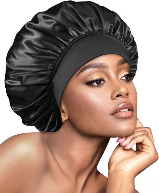 BONNET QUEEN Silk Bonnet for Sleeping Women Satin Bonnet Hair Wrap with Elastic Wide Band Sleep Cap for Curly Hair Night Cap