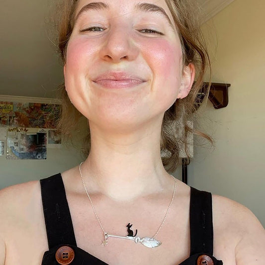 Black Cat Necklace for Women Halloween Black Cat Broom Necklace