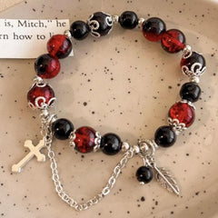 72ore Cross Bracelet for Women Beaded Black Red Silver Feather Charm Bracelets Party Prom Vacation Accessories Trendy Gift