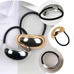 Metal Gold Hair Tie for Women Fashion Gold Silver Ponytail Holder for Thick Glossy Gold Hair Ties for Curly Long Geometric Ellipse Elastic Ponytail Cuffs Elegant Hair Accessories for Styling 2Pcs