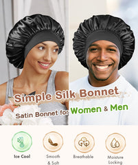 BONNET QUEEN Silk Bonnet for Sleeping Women Satin Bonnet Hair Wrap with Elastic Wide Band Sleep Cap for Curly Hair Night Cap