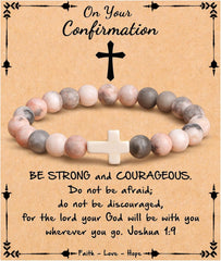 JoycuFF  , Cross Bracelets for Women, Faith Religious Easter Catholic Christian Jewelry, Meaningful Baptism Communion Confirmation Natural Stone Bracelets for Women