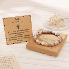 JoycuFF  , Cross Bracelets for Women, Faith Religious Easter Catholic Christian Jewelry, Meaningful Baptism Communion Confirmation Natural Stone Bracelets for Women