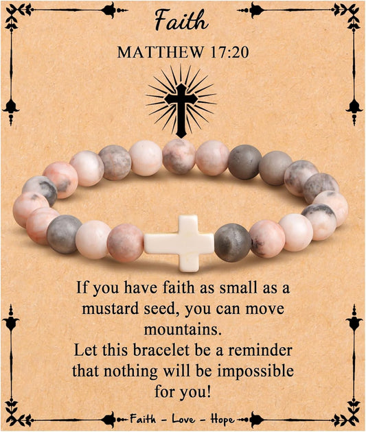 JoycuFF  , Cross Bracelets for Women, Faith Religious Easter Catholic Christian Jewelry, Meaningful Baptism Communion Confirmation Natural Stone Bracelets for Women