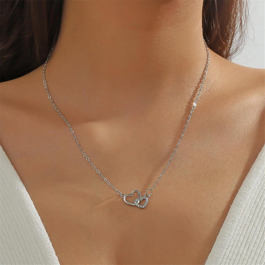 MALOYANVE Tiny Double Heart Necklace Dainty Cute Small Sterling Silver Cubic Zirconia Two Love Pendant Necklace Love Jewelry for women