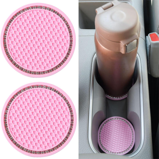 2 Pack PVC Car Coasters, Car Cup Holder Auto Insert Coaster - Car Accessories Sparkly Crystal Cup Mats Anti Slip Universal Vehicle Interior Girly for Girls, Women (Pink)