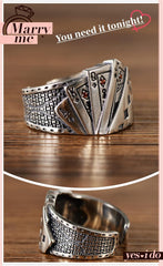 GAUEIOUR Poker Card Ring, Premium Alloy Playing Card Open Adjustable Design, Hip Hop Punk Gothic Style, Vintage Thread, Lucky Flush Set With Red Diamonds, Unisex