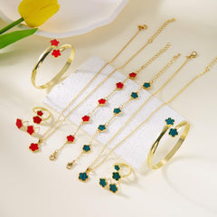 Clover Jewelry Set for Women Non Tarnish Gold-Tone Five Leaf Clover Necklace, Earrings, Ring, Bracelet Fashion Simple Floral Jewelry Set