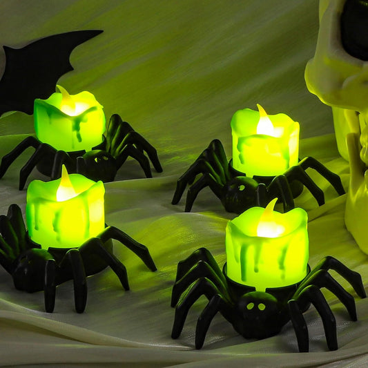 6 PCS Halloween Spider Tea Lights Decoration, Halloween Flameless LED Candle Holder Lights Battery Operated for Halloween Party Table Home Spooky Decor (Green)
