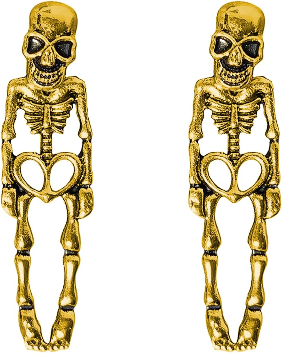 Halloween Skull Earrings with Heart Cutout - Punk Gothic Jewelry for Women Men, Alloy Electroplated Goth Ear Accessories, Lightweight 5g, 4cm Length, Hypoallergenic (Silver/Gold)