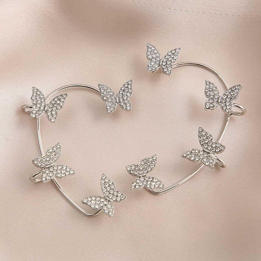 Juneyemo Glitter Rhinestone Ear Cuffs 1 Pair Butterfly Climber Ear Wrap Non Pierced Earrings Ear Jewelry for Women and Girls (Silver)