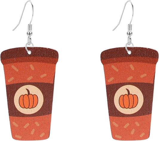 GBAHFY Thanksgiving Wooden Coffee Cup Earrings Halloween Cute Ghost Pumpkin Dangle Earrings for Women Festive Party Jewelry