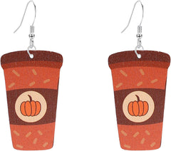 GBAHFY Thanksgiving Wooden Coffee Cup Earrings Halloween Cute Ghost Pumpkin Dangle Earrings for Women Festive Party Jewelry