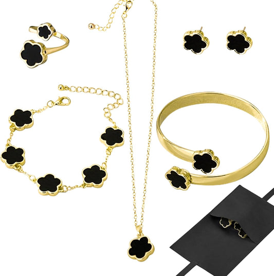 Lucky Flower Alloy Jewelry, Lucky Flower Design Necklace Earrings Bracelet Bangle Ring Jewelry Set, Clover Gold Plated Chain Wrap Ornament & Plush Pouch for Women