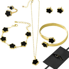 Lucky Flower Alloy Jewelry, Lucky Flower Design Necklace Earrings Bracelet Bangle Ring Jewelry Set, Clover Gold Plated Chain Wrap Ornament & Plush Pouch for Women