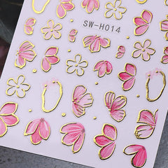 Pink Flower Nail Art Stickers Spring Blossom Flowers Nail Stickers 4PCS Golden Edge Flower Petals 3D Self-Adhesive Nail Decals Manicure Supplies for Women Spring Valentines DIY Nail Art Decorations
