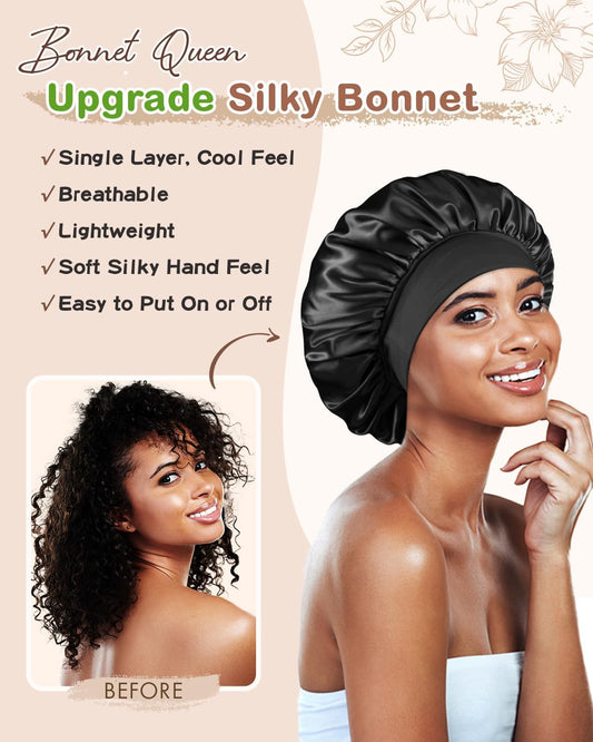 BONNET QUEEN Silk Bonnet for Sleeping Women Satin Bonnet Hair Wrap with Elastic Wide Band Sleep Cap for Curly Hair Night Cap