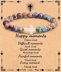 JoycuFF  , Cross Bracelets for Women, Faith Religious Easter Catholic Christian Jewelry, Meaningful Baptism Communion Confirmation Natural Stone Bracelets for Women