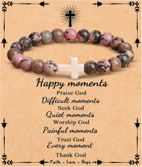 JoycuFF  , Cross Bracelets for Women, Faith Religious Easter Catholic Christian Jewelry, Meaningful Baptism Communion Confirmation Natural Stone Bracelets for Women