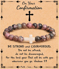 JoycuFF  , Cross Bracelets for Women, Faith Religious Easter Catholic Christian Jewelry, Meaningful Baptism Communion Confirmation Natural Stone Bracelets for Women