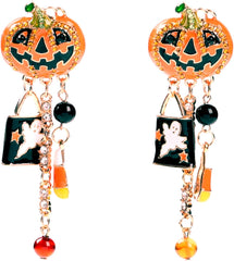 Halloween Pumpkin Earrings for Women Long Tassels Smiling Face Pumpkin Inlaid rhinestones Drop Earrings Halloween Jewelry