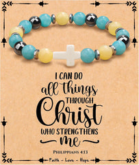 JoycuFF  , Cross Bracelets for Women, Faith Religious Easter Catholic Christian Jewelry, Meaningful Baptism Communion Confirmation Natural Stone Bracelets for Women