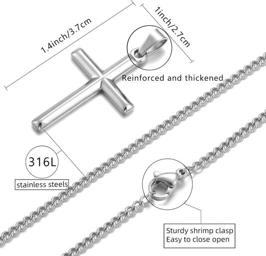 HSWYFCJY Cross Necklace Men Silver/Gold/Black Chain with Bevelled Cross Pendant Stainless Steel Cross Necklace for Men Women Chain Length 45-60cm Holiday/Birthady/Christian Gifts for Boys Girls