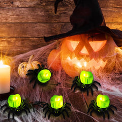 6 PCS Halloween Spider Tea Lights Decoration, Halloween Flameless LED Candle Holder Lights Battery Operated for Halloween Party Table Home Spooky Decor (Green)