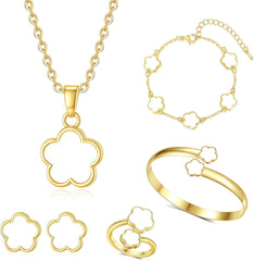 Clover Jewelry Set for Women Non Tarnish Gold-Tone Five Leaf Clover Necklace, Earrings, Ring, Bracelet Fashion Simple Floral Jewelry Set