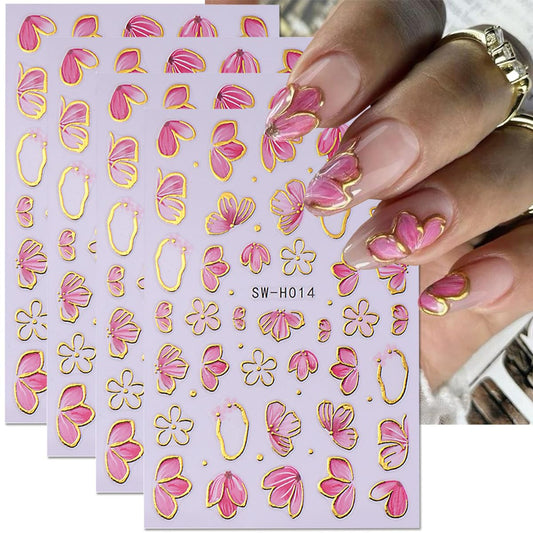 Pink Flower Nail Art Stickers Spring Blossom Flowers Nail Stickers 4PCS Golden Edge Flower Petals 3D Self-Adhesive Nail Decals Manicure Supplies for Women Spring Valentines DIY Nail Art Decorations