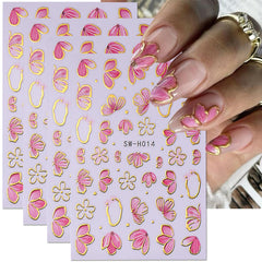 Pink Flower Nail Art Stickers Spring Blossom Flowers Nail Stickers 4PCS Golden Edge Flower Petals 3D Self-Adhesive Nail Decals Manicure Supplies for Women Spring Valentines DIY Nail Art Decorations