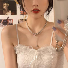 Irregular Heart Necklace for Women Y2k Pink Zircon Pearl Diamond Women's Fashion Pendant Hot Fashion Pink Jewelry for Women