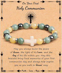 JoycuFF  , Cross Bracelets for Women, Faith Religious Easter Catholic Christian Jewelry, Meaningful Baptism Communion Confirmation Natural Stone Bracelets for Women
