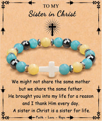 JoycuFF  , Cross Bracelets for Women, Faith Religious Easter Catholic Christian Jewelry, Meaningful Baptism Communion Confirmation Natural Stone Bracelets for Women