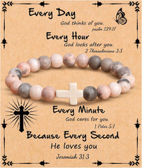 JoycuFF  , Cross Bracelets for Women, Faith Religious Easter Catholic Christian Jewelry, Meaningful Baptism Communion Confirmation Natural Stone Bracelets for Women