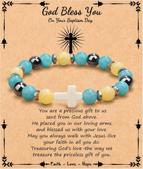 JoycuFF  , Cross Bracelets for Women, Faith Religious Easter Catholic Christian Jewelry, Meaningful Baptism Communion Confirmation Natural Stone Bracelets for Women