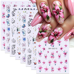Pink Flower Nail Art Stickers Spring Blossom Flowers Nail Stickers 4PCS Golden Edge Flower Petals 3D Self-Adhesive Nail Decals Manicure Supplies for Women Spring Valentines DIY Nail Art Decorations