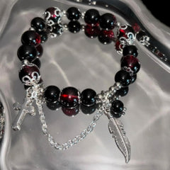 72ore Cross Bracelet for Women Beaded Black Red Silver Feather Charm Bracelets Party Prom Vacation Accessories Trendy Gift