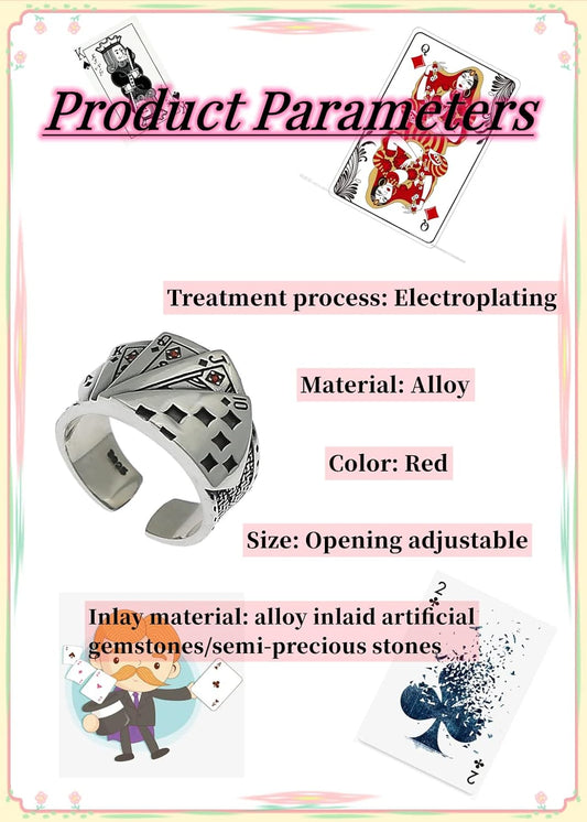 GAUEIOUR Poker Card Ring, Premium Alloy Playing Card Open Adjustable Design, Hip Hop Punk Gothic Style, Vintage Thread, Lucky Flush Set With Red Diamonds, Unisex