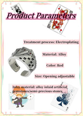 GAUEIOUR Poker Card Ring, Premium Alloy Playing Card Open Adjustable Design, Hip Hop Punk Gothic Style, Vintage Thread, Lucky Flush Set With Red Diamonds, Unisex