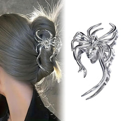 Halloween Spider Hair Clips for Women Girls, Silver Gothic Metal Hair Claw Clips With Faux Pearl Tassel - Halloween Hair Accessories Y2K Styling