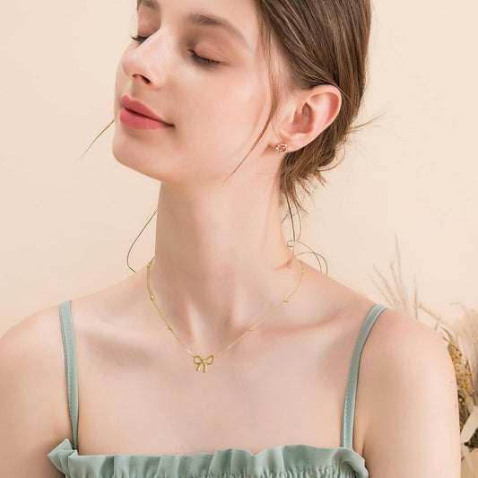 TESTRYE 18K Gold Bow Necklace,Dainty Bow Pendent Choker Necklace Bowknot Bow Tie Necklace for Women
