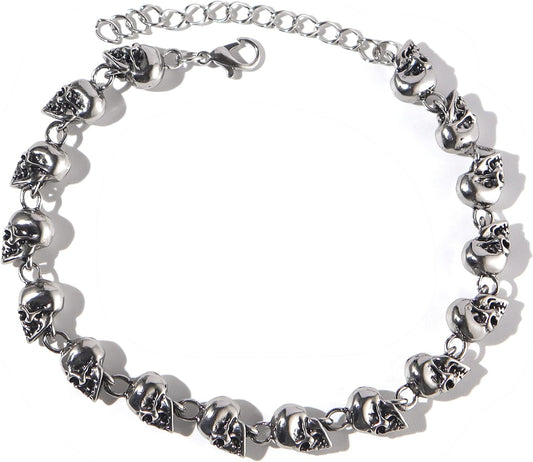 Caiyao Punk Stainless Steel Skull Skeleton Linked Chain Bracelet Tibetan Prayer Bead Mala Bracelet for Men and Women, Skull Jewelry Gift